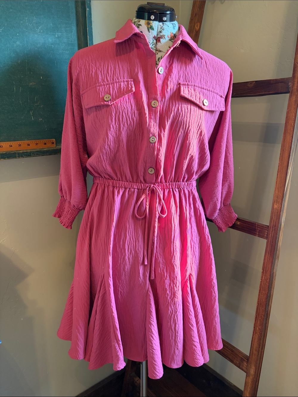 ODDY Pink Button-Front Drawstring Shirt Dress